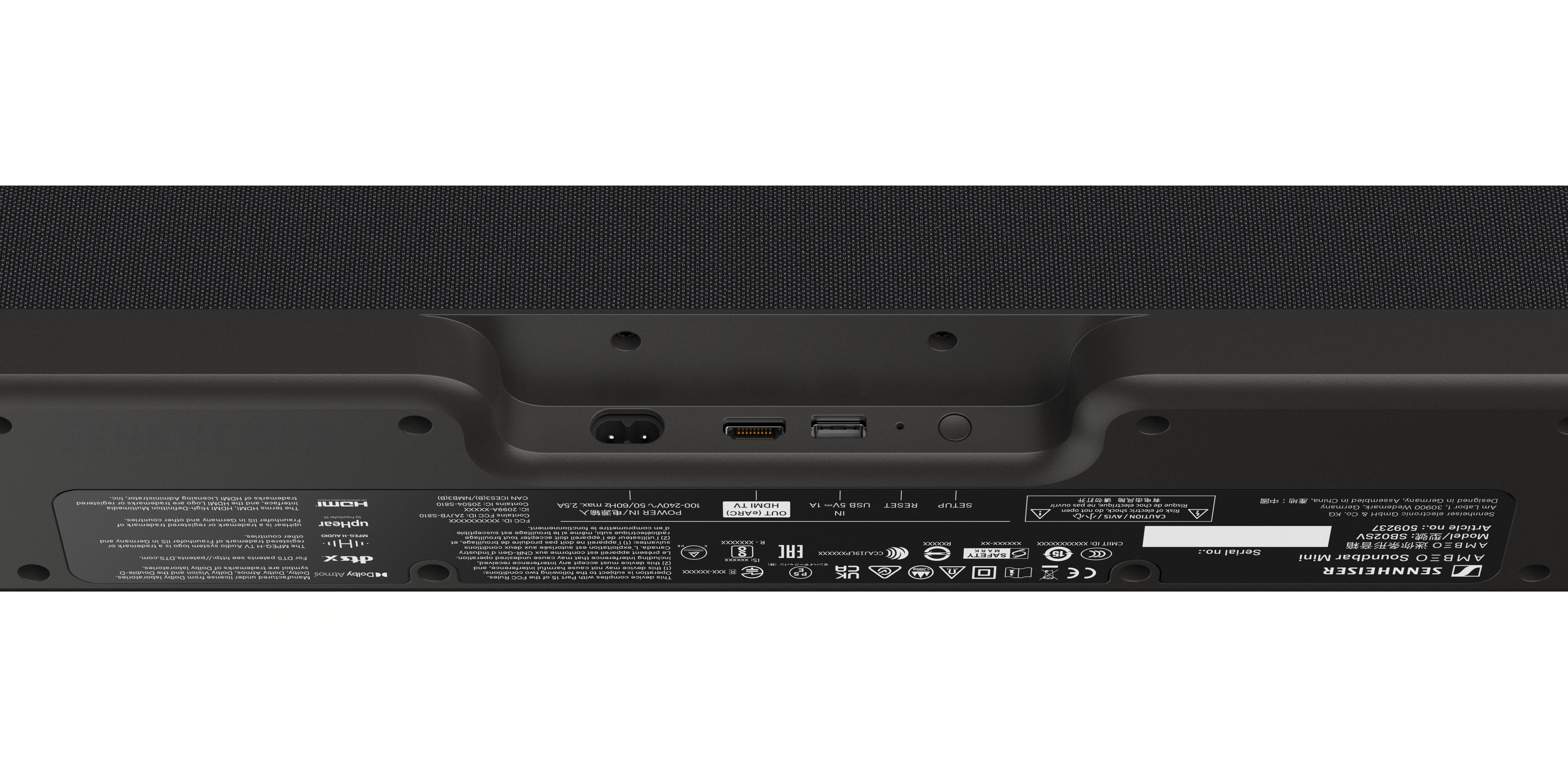 Rückseite einer Soundbar mit Strom, USB und anderen Anschlüssen.