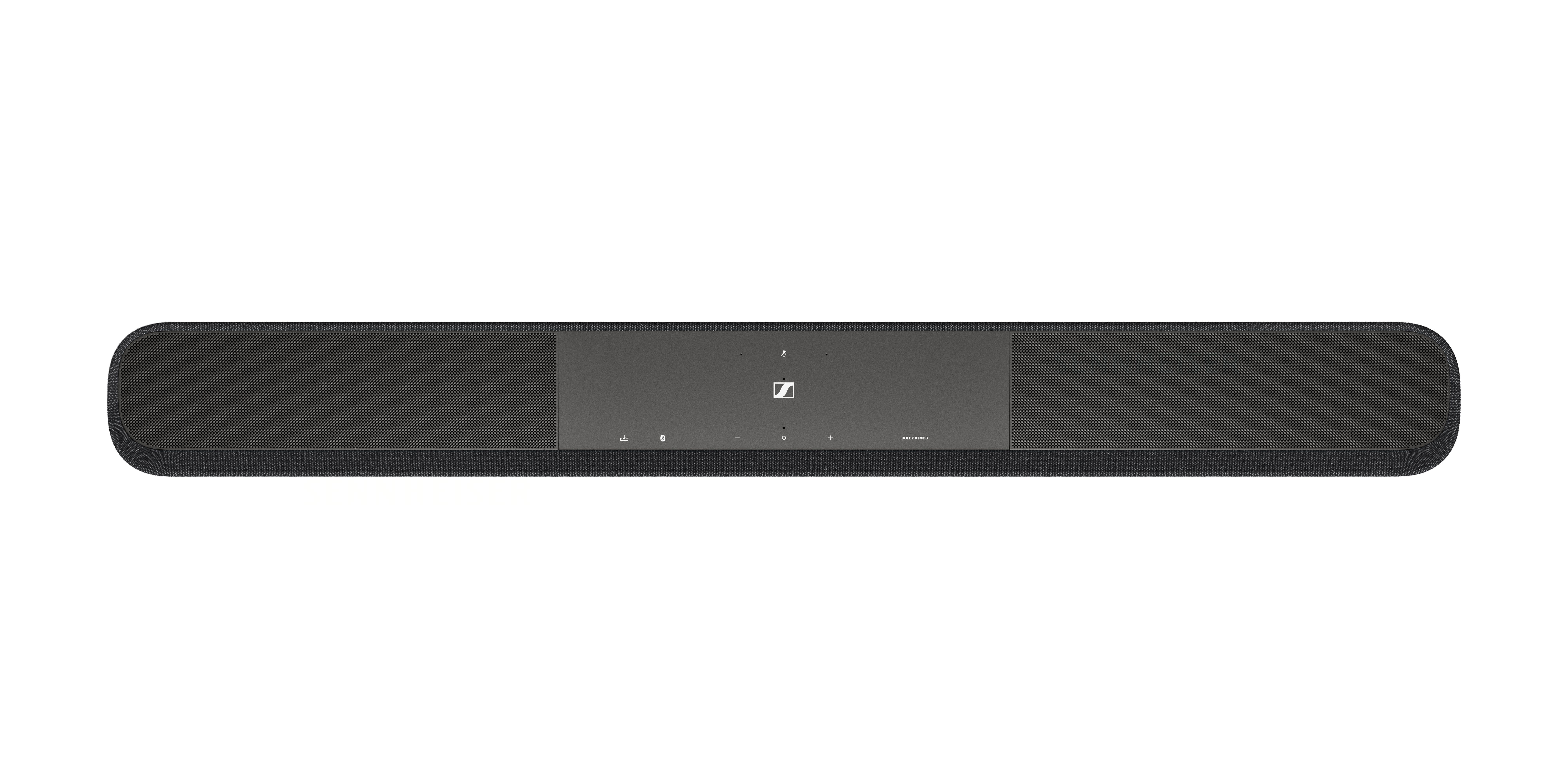 Eine schwarze Soundbar auf weißem Hintergrund mit dem Markenlogo.