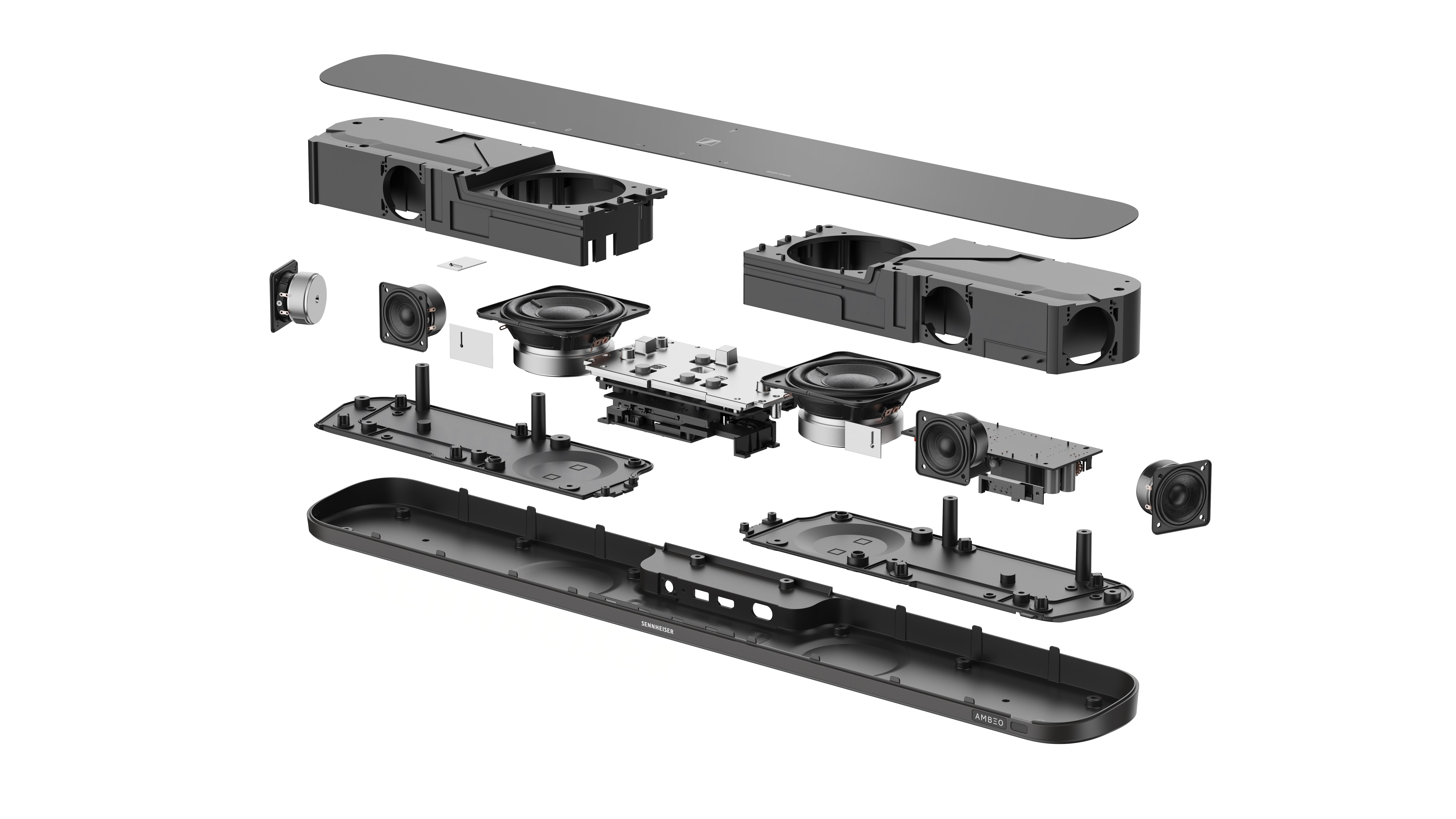 Eine Explosionsansicht einer Soundbar, die interne Komponenten wie Lautsprecher und Schaltkreise zeigt.