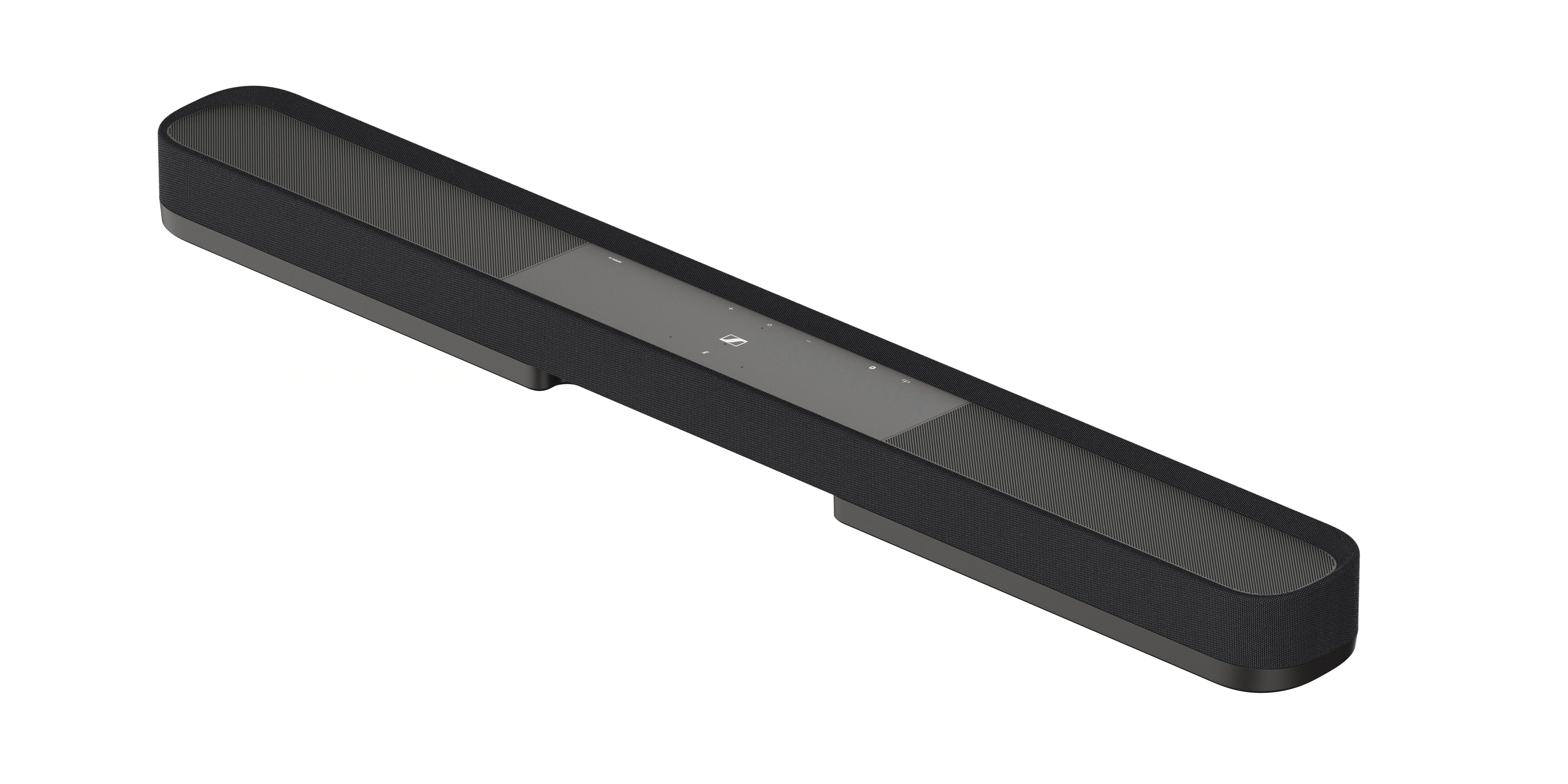 Eine schwarze Soundbar vor weißem Hintergrund.
