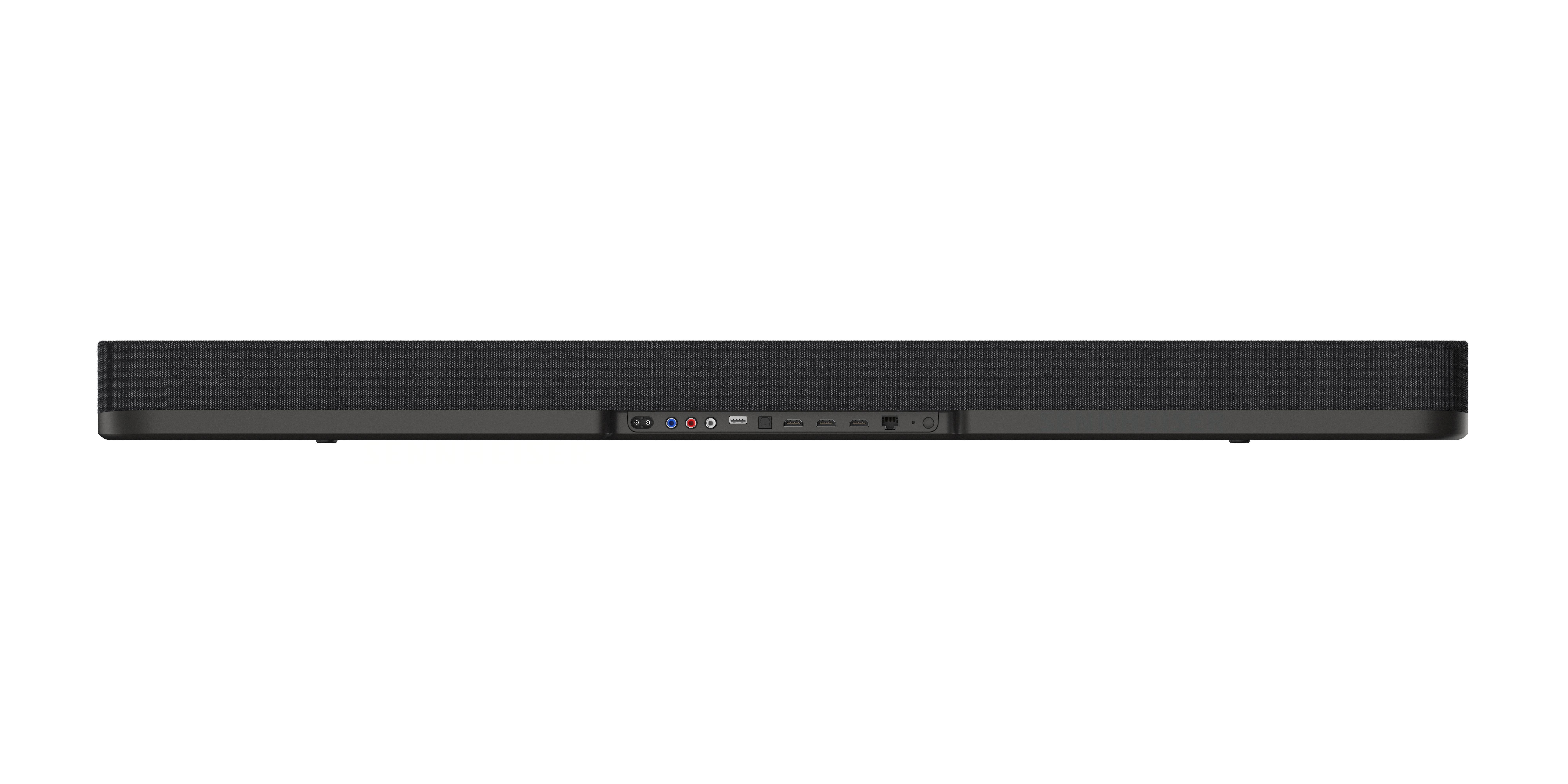 Schwarze Soundbar mit verschiedenen Anschlüssen und Verbindungen auf der Rückseite. Weißer Hintergrund.