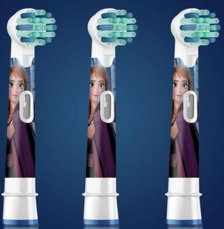 Three toothbrush heads with Anna from Frozen. White body, blue bristles, and a blue background.