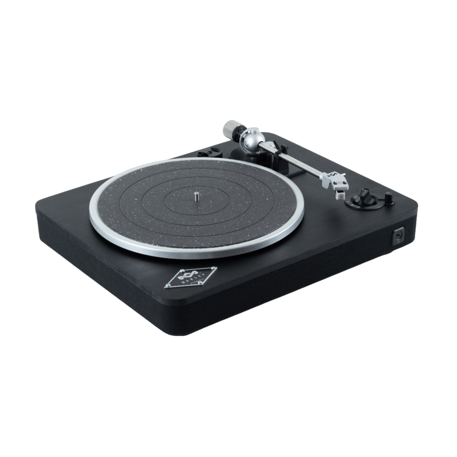 Black turntable on black background. Silver arm and platter.  Diamond logo on the front.
