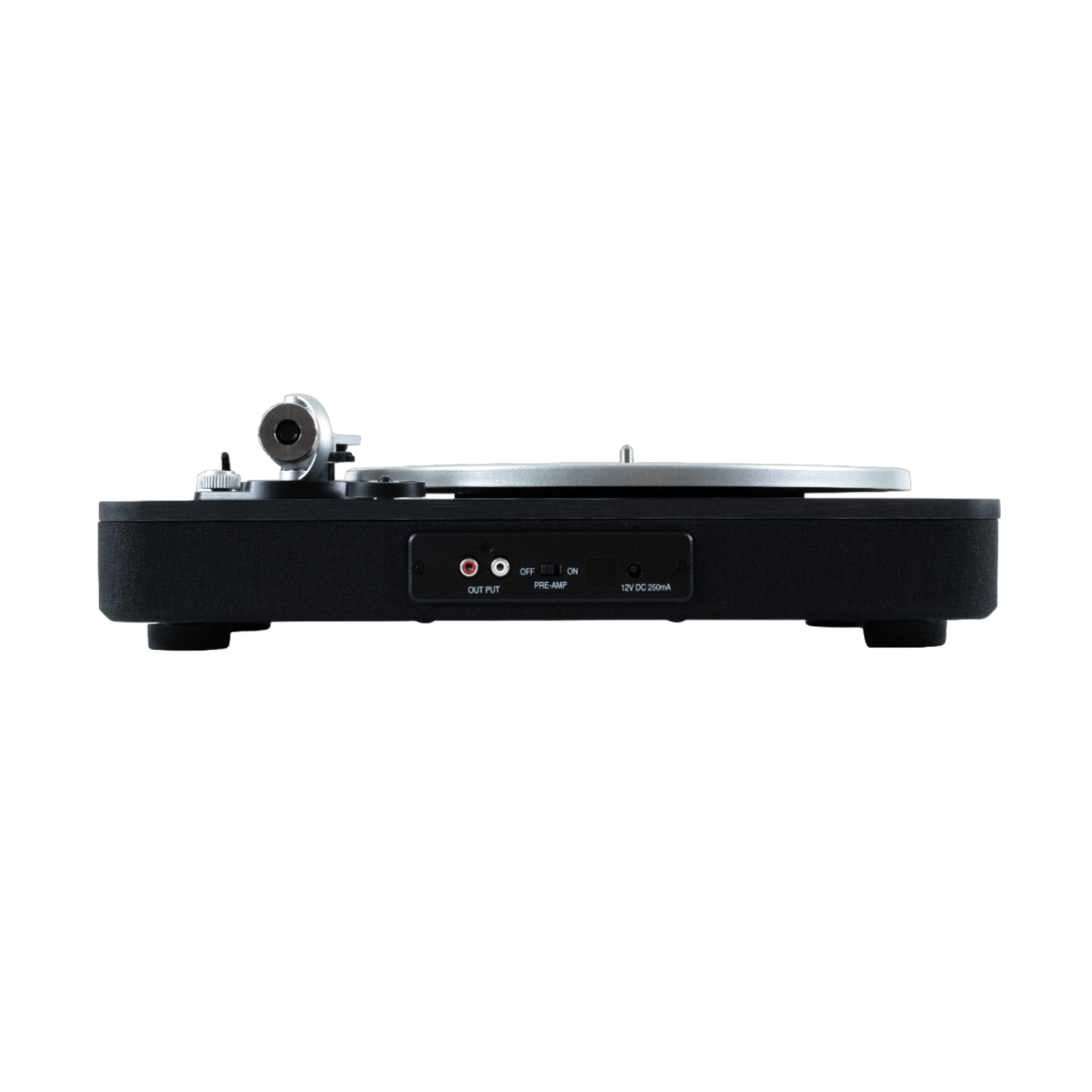Turntable, black body, silver controls, isolated on black background, side view.
