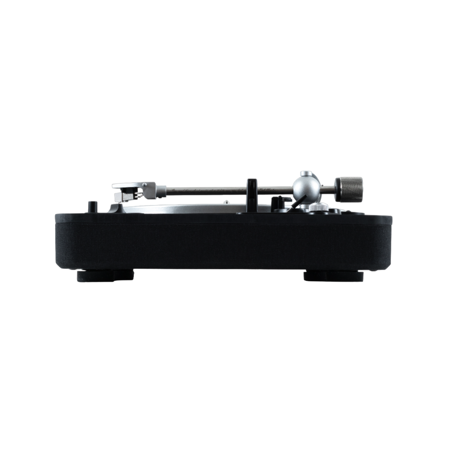 Black record player with silver arm and controls on a black background.