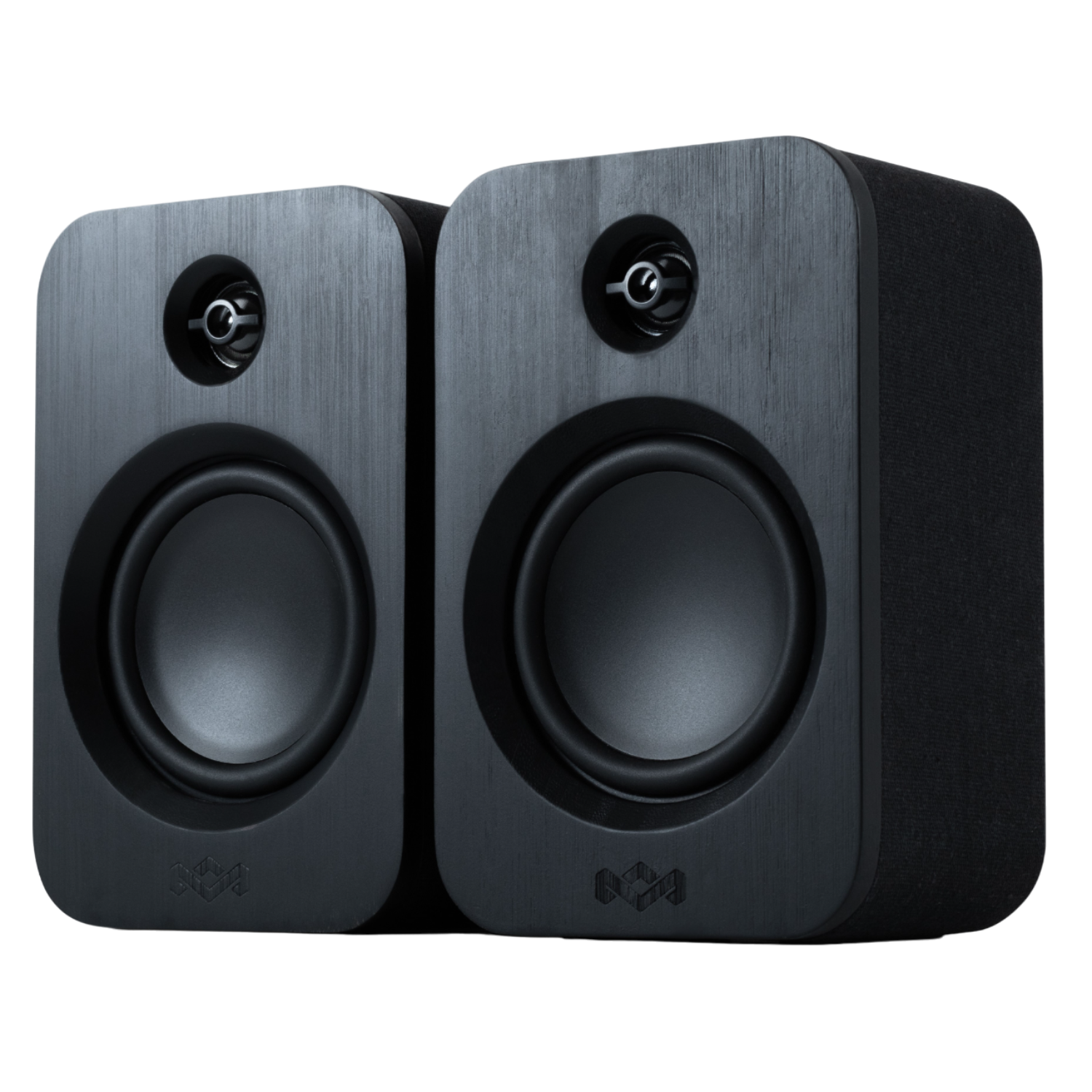 Twee zwarte computerspeakers, naast elkaar op een zwarte achtergrond.