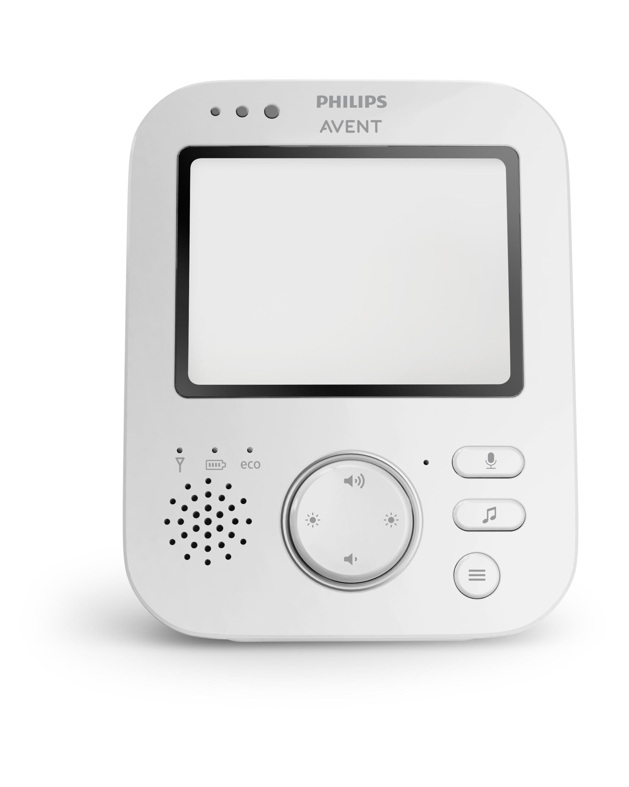 Ein weißer Philips Avent Babyphone mit Bildschirm und Knöpfen.