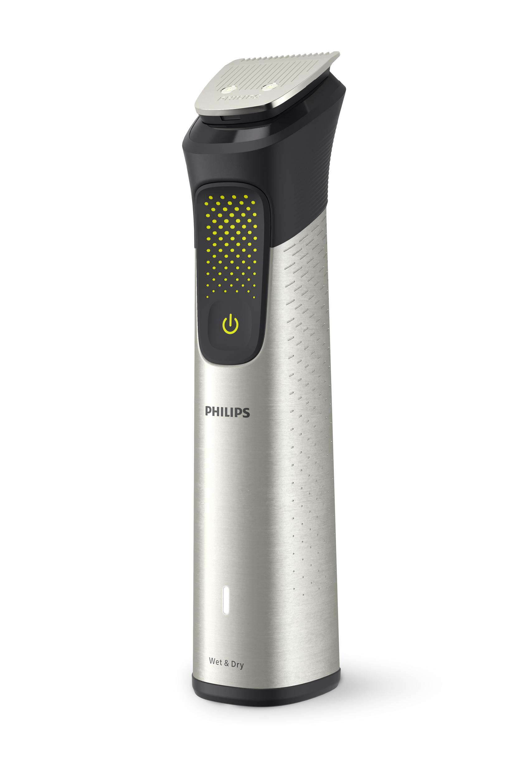 Silberner und schwarzer Philips Rasierer. Er hat einen Power-Knopf und ein gelbes Design.