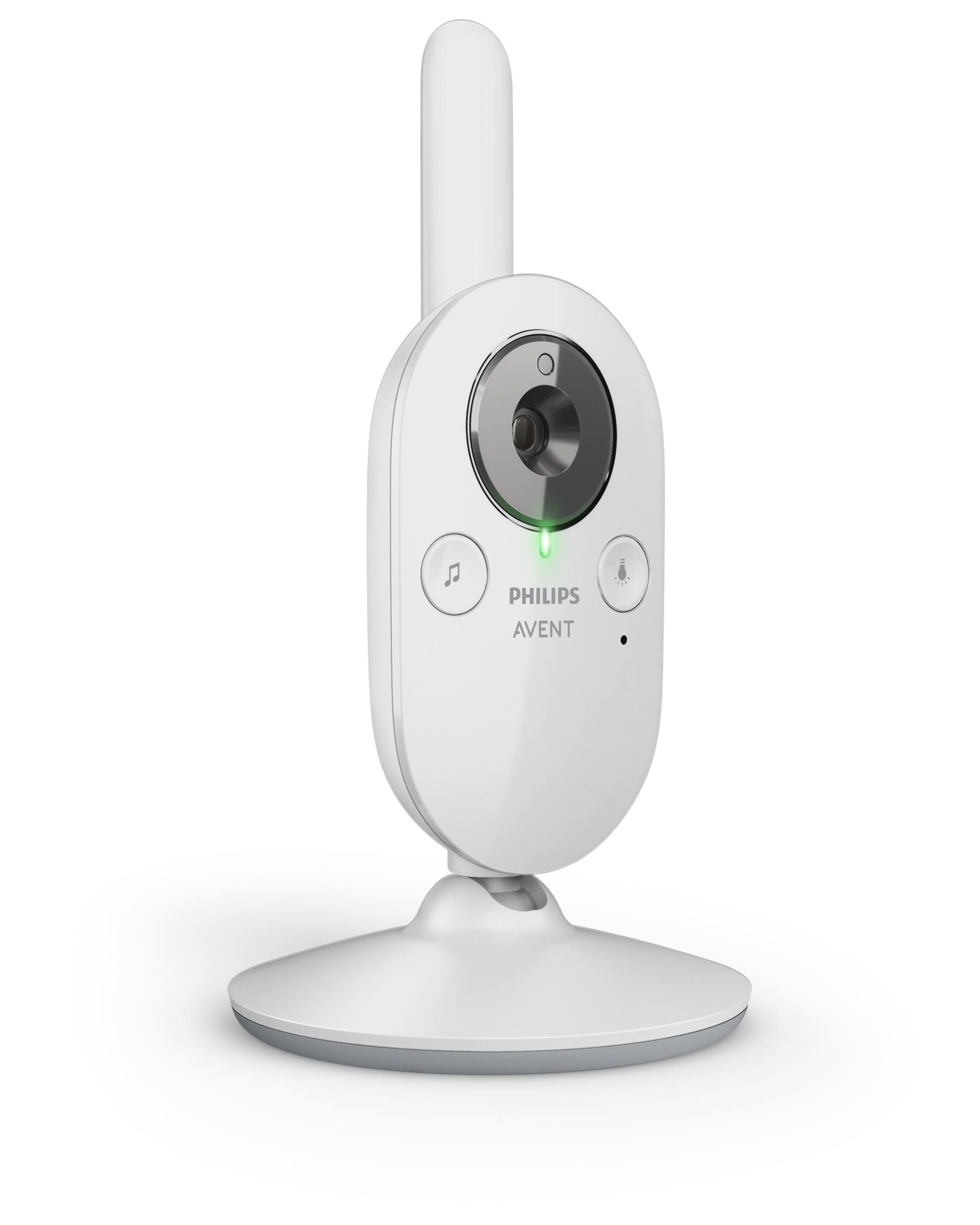 Weißer Babyphone. Kreisförmige Kameralinse. Weiße Basis. Grünes Licht an. Antenne oben.