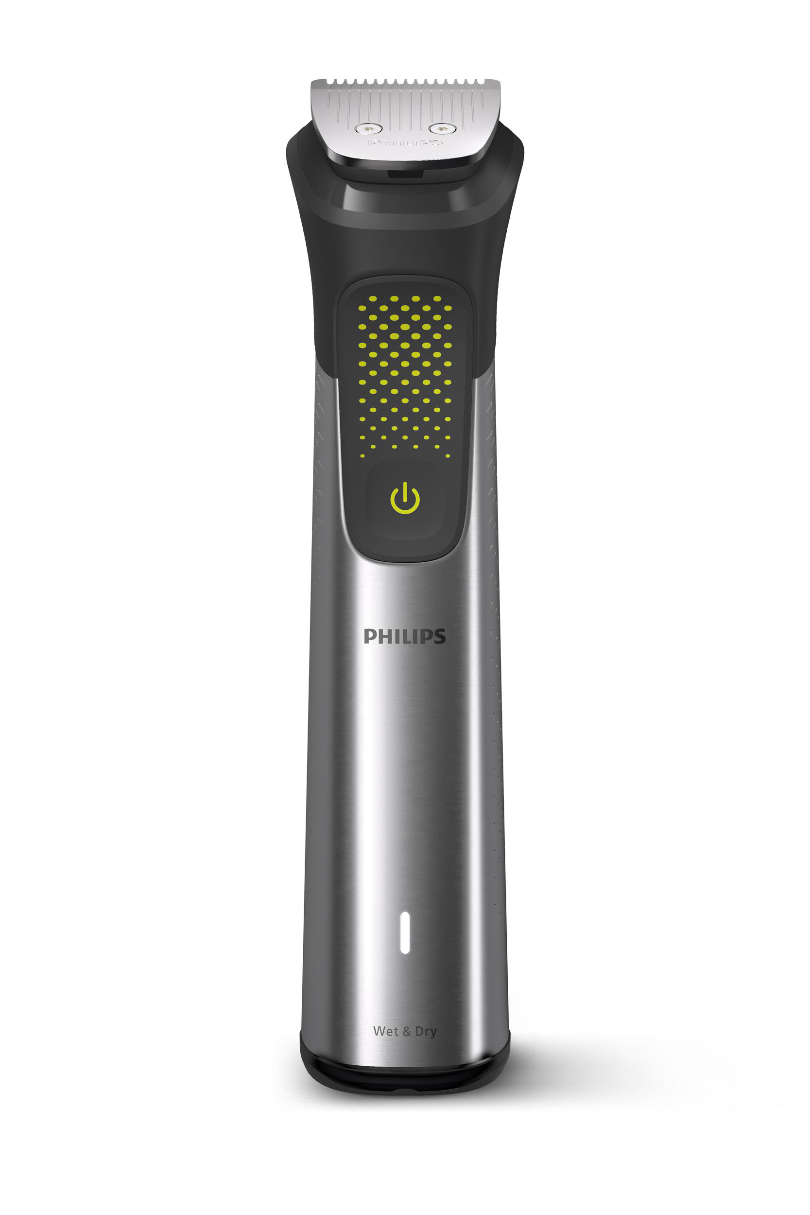 Ein silberner und schwarzer Philips Trimmer, nass und trocken.