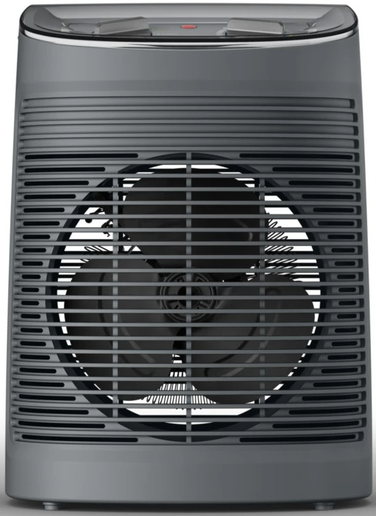 Gray electric fan with a front grill. Blades are visible behind the grill.