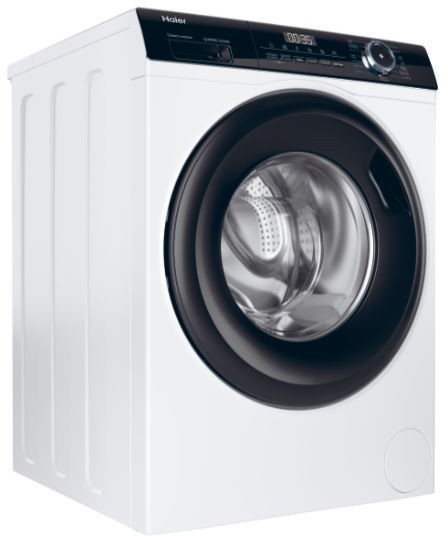 Een witte wasmachine met een zwarte deur.