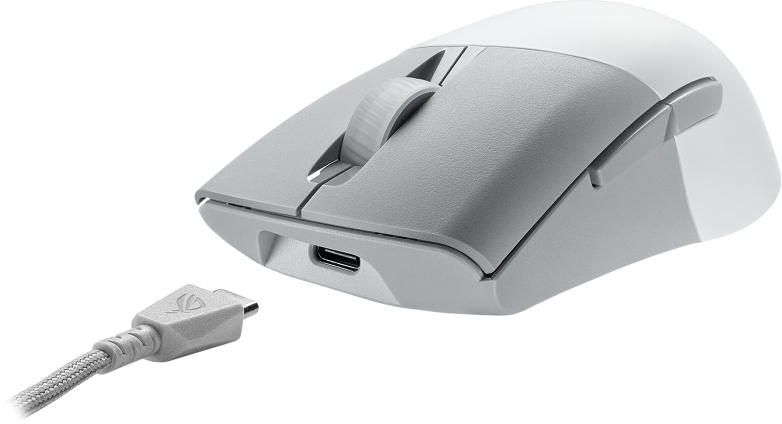 Fehér és szürke számítógépes egér USB-C kábellel csatlakoztatva. Az egéren görgő és oldalsó gombok találhatók.