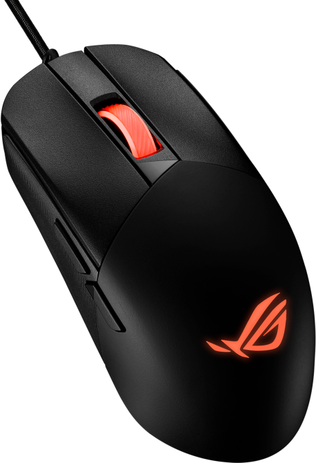Fekete ROG gaming egér pirosan világító logóval és görgetőkerékkel. Szögletes nézet.