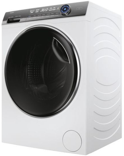 Een witte Haier wasmachine met een zwarte deur en een bedieningspaneel.