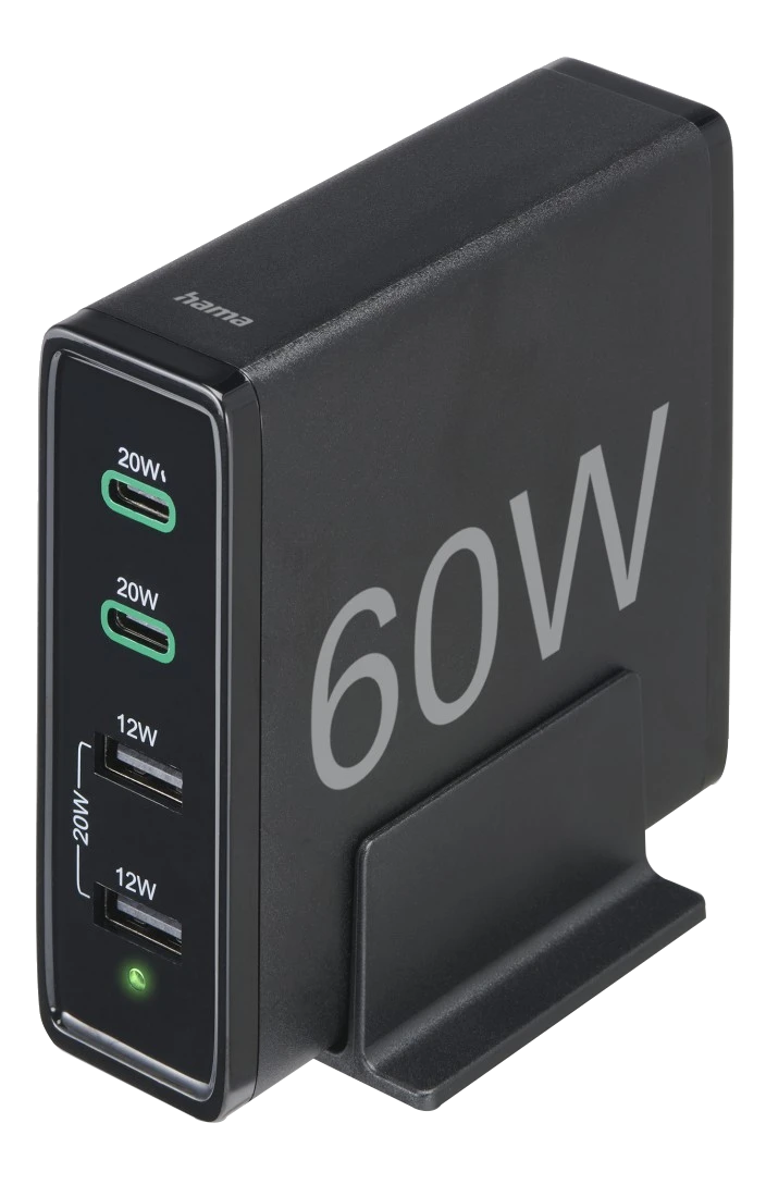 HAMA FIC E3 Hálózati töltőállomás 2xUSB, 2xType-C, 4PORT, PD QC, 60W, fekete (201628)