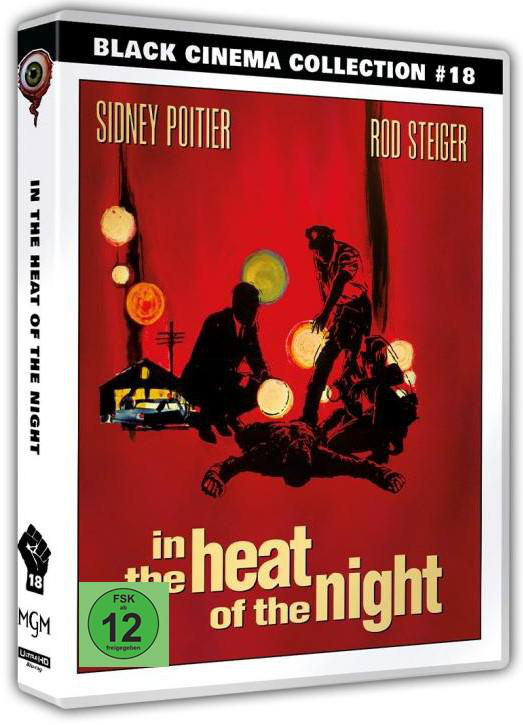 Filmposter mit Illustration von Männern in einem Kampf. Roter Hintergrund, Text 'In the Heat of the Night'.