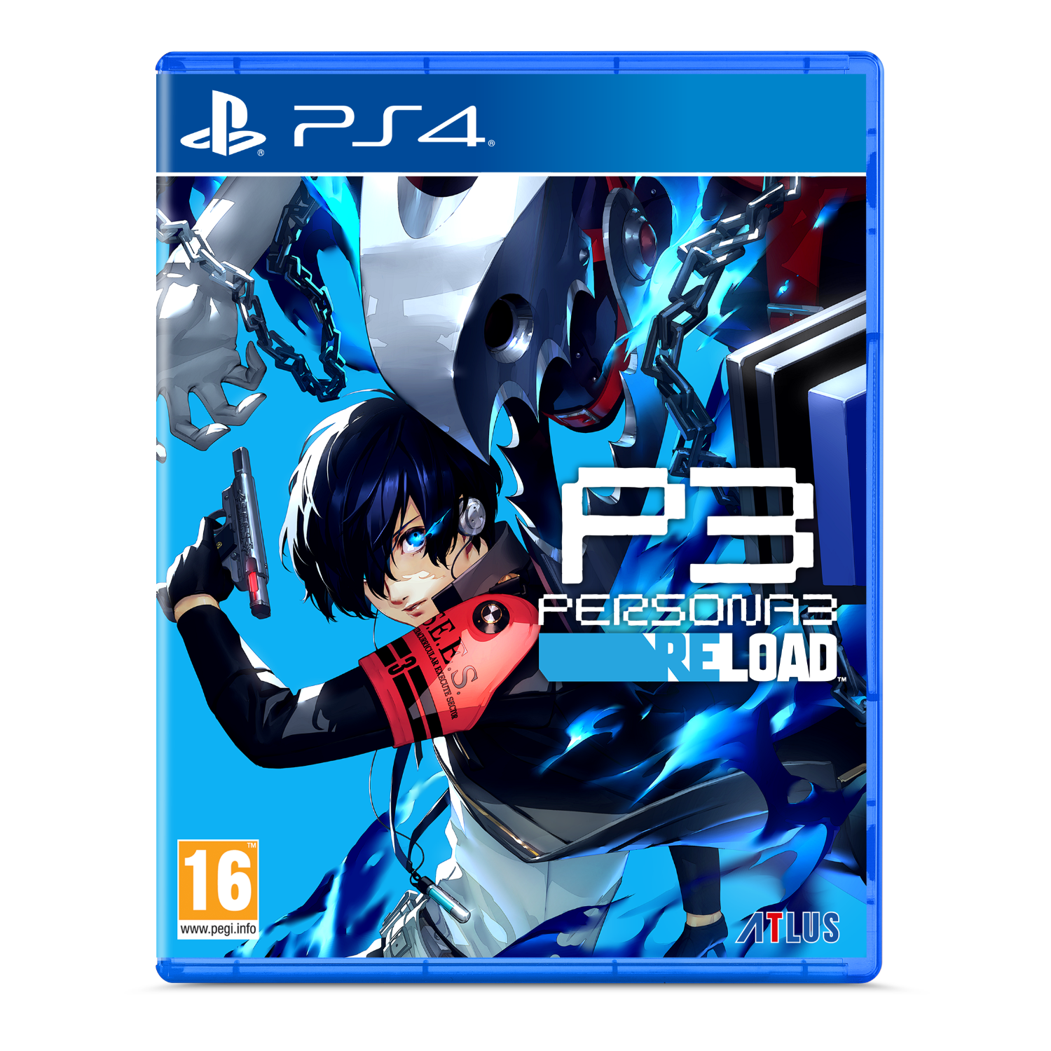 PS4-gamecase voor Persona 3 Reload. Bevat een blauwharig personage met een pistool.