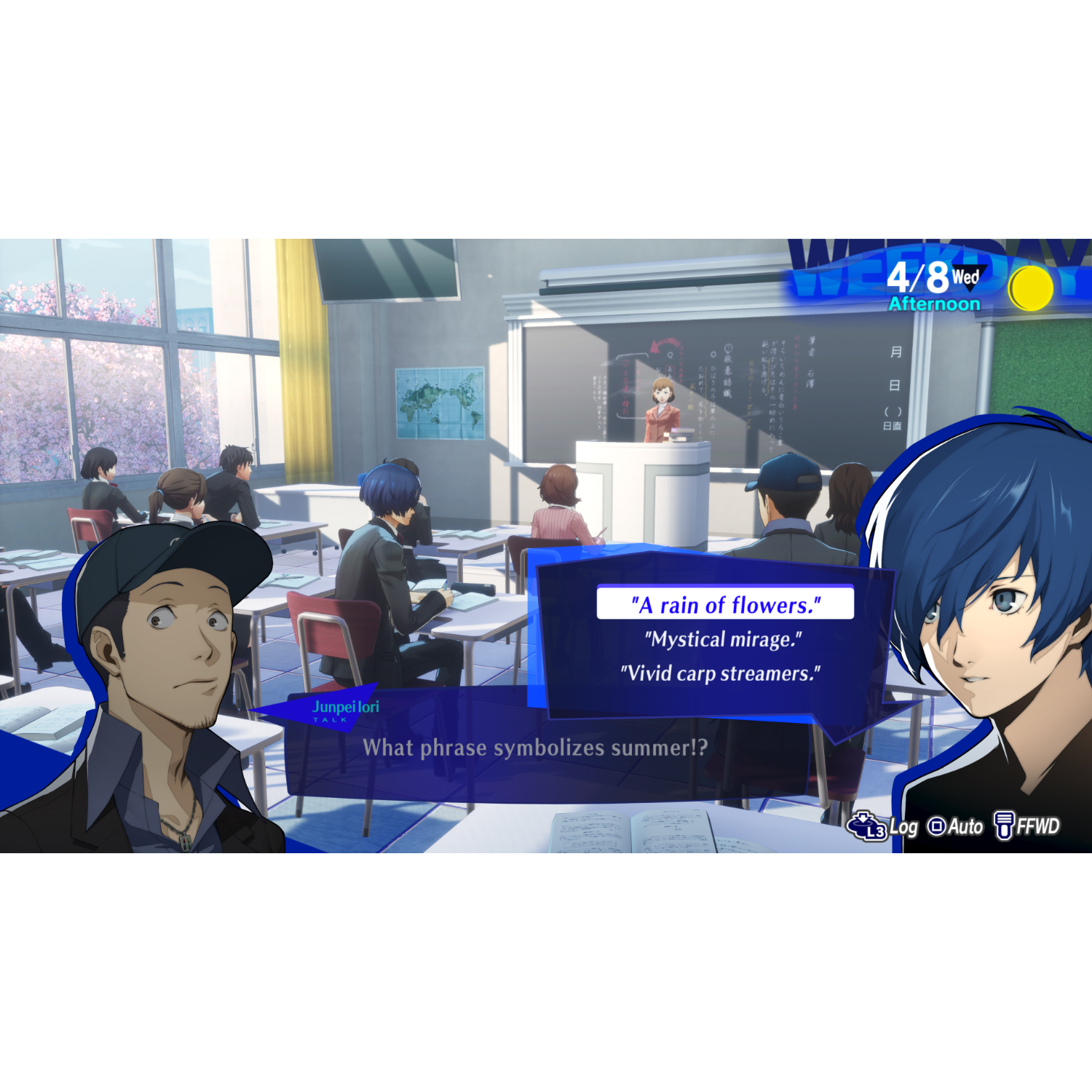 Een klaslokaalscène uit een anime-videogame. Studenten zitten aan bureaus. Een personage leest voor.
