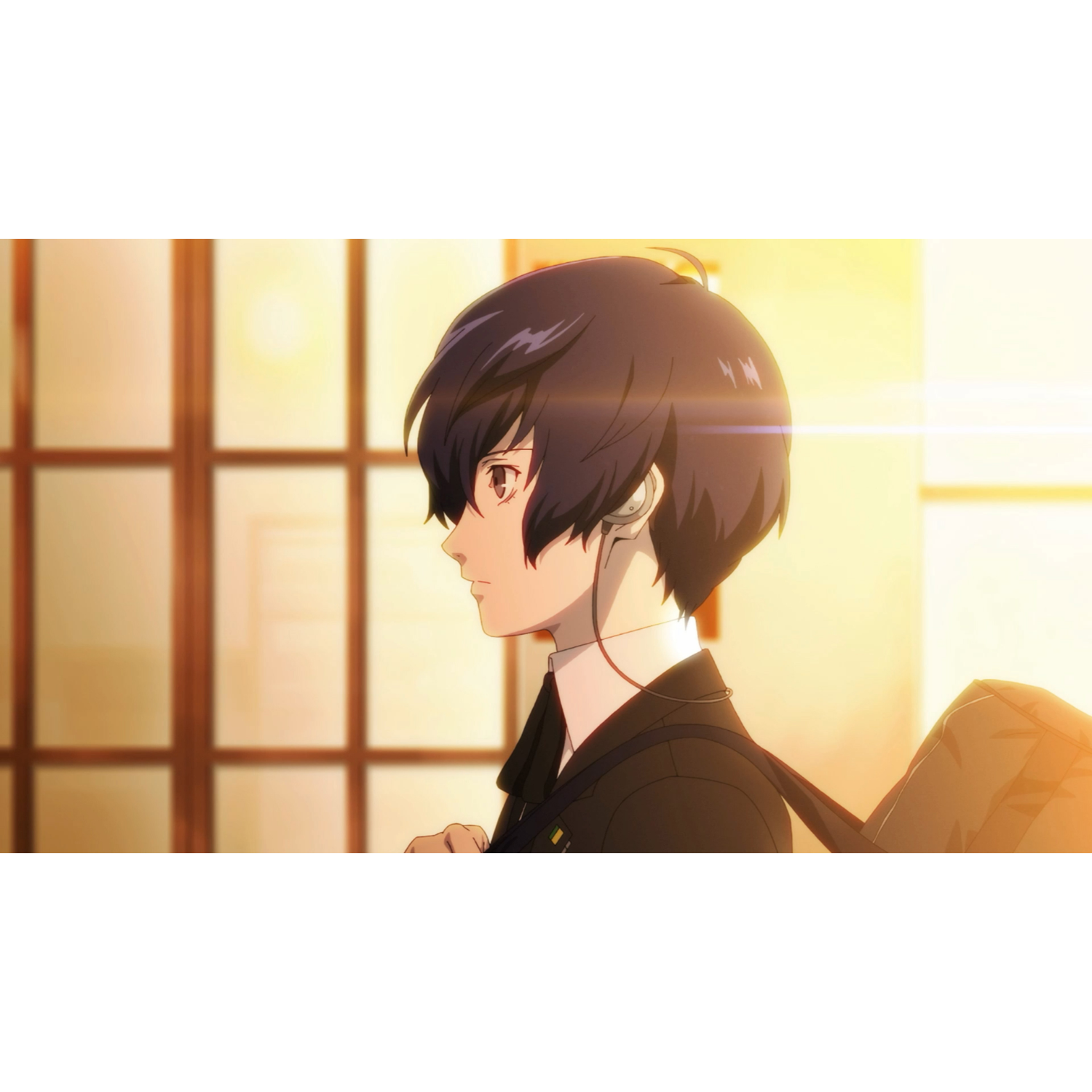 Anime-personage met donker haar en een koptelefoon, die opzij kijkt, met een vage achtergrond.