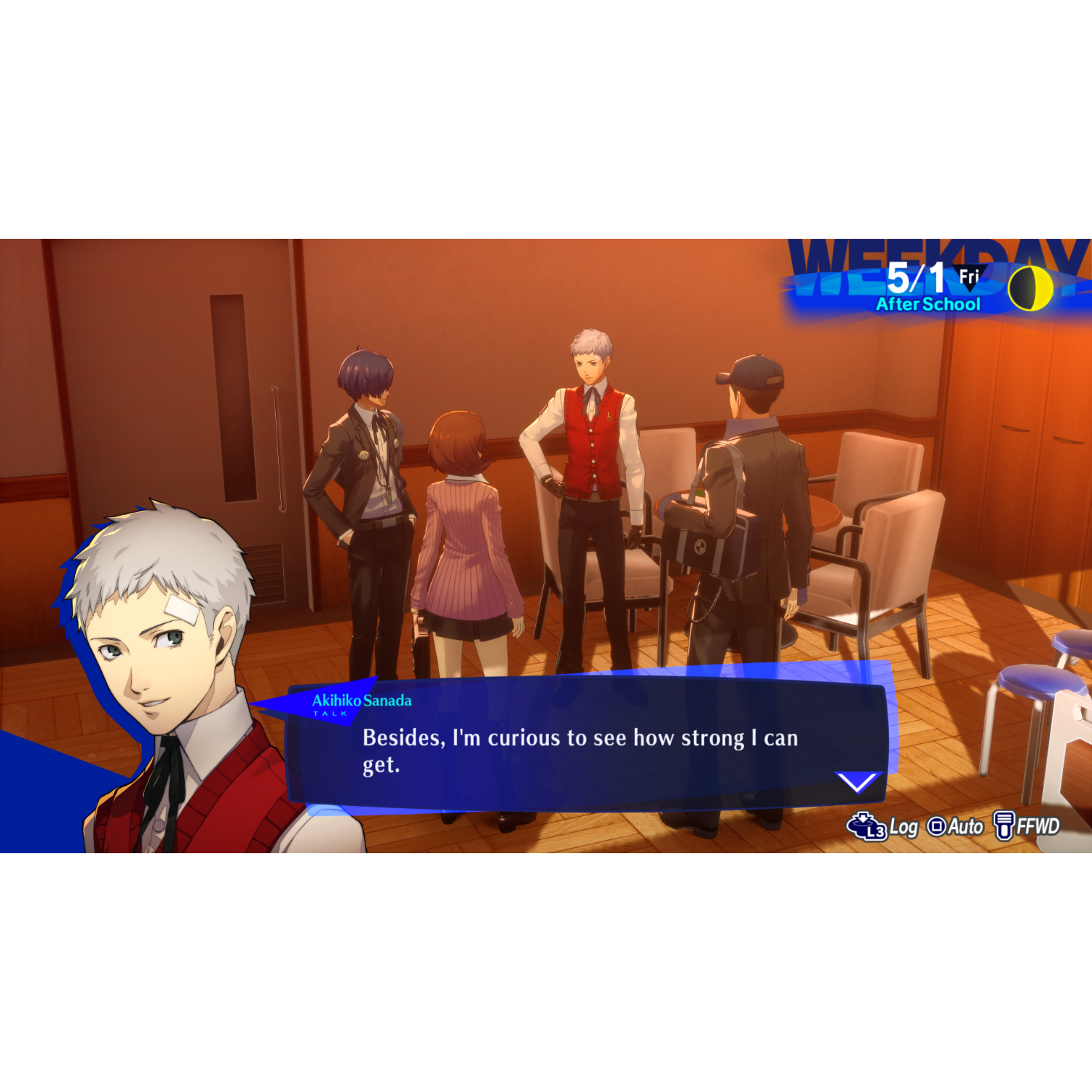 Een videogame-scène met personages die in een kamer praten. Er verschijnt een tekstballon op het scherm.