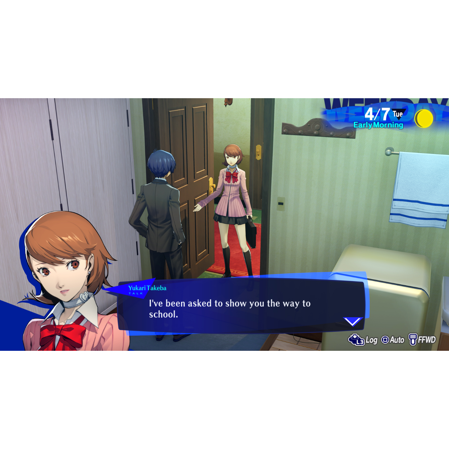 Twee anime-personages praten in een kamer. Eén vraagt ​​om de weg naar school.