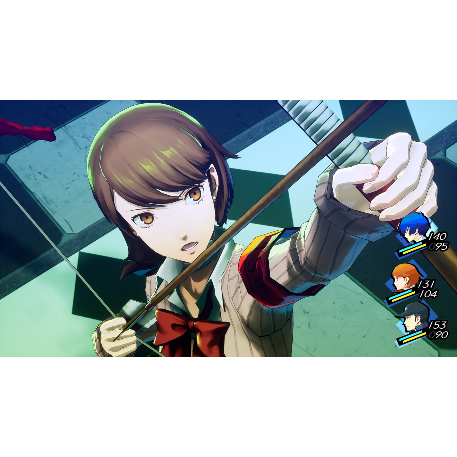 Vrouwelijk anime-personage dat een pijl en boog richt. Personage draagt een schooluniform. Game-interface in de hoek.