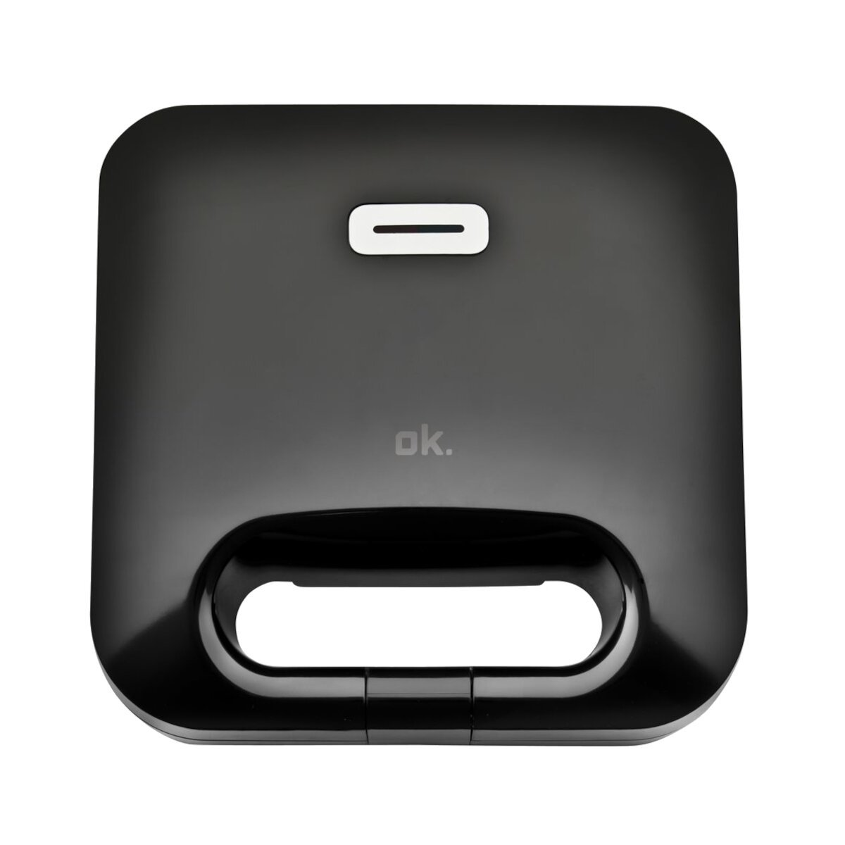 Czarny opiekacz do kanapek z czarnym uchwytem i białym przyciskiem na górze.