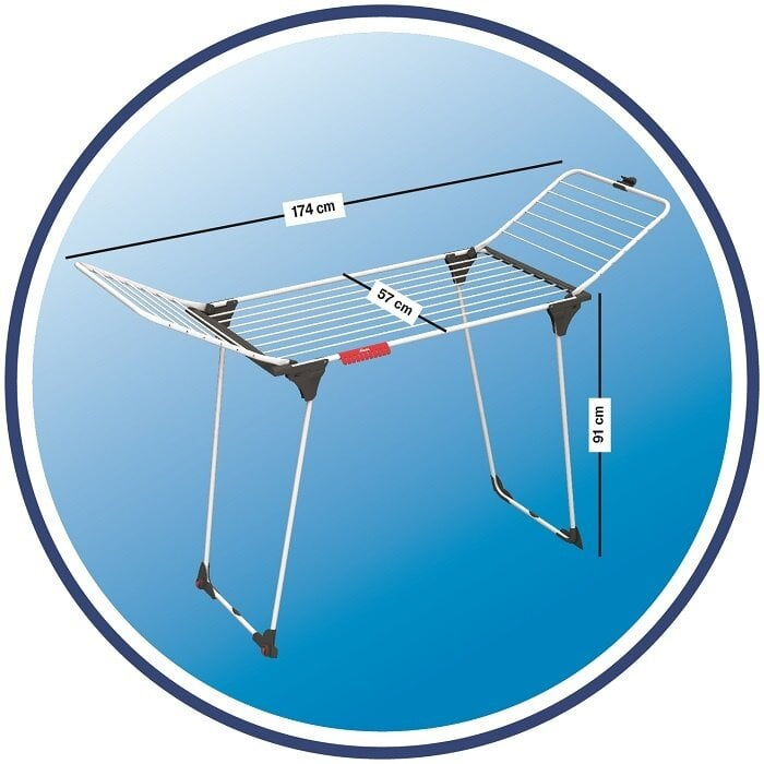 Biały i srebrny stojak do suszenia z wymiarami w cm, na niebieskim tle.