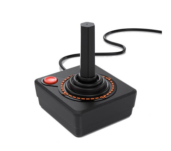 Czarny joystick Atari z czerwonym przyciskiem i pomarańczowym pierścieniem. Podłączony jest czarny kabel. Białe tło.