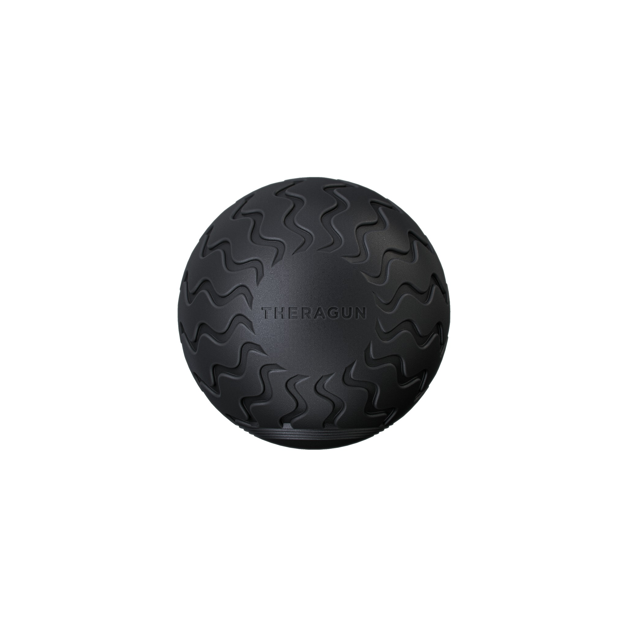 Schwarzer Theragun-Massageball auf weißem Hintergrund, wellenförmige Textur.