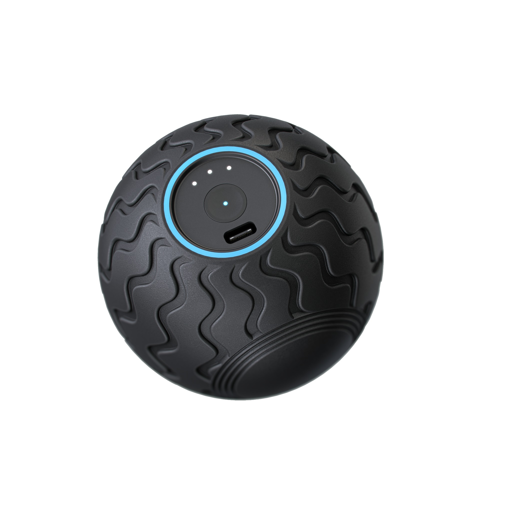 Ein schwarzer Massageball mit wellenförmiger Textur und Bedienfeld.
