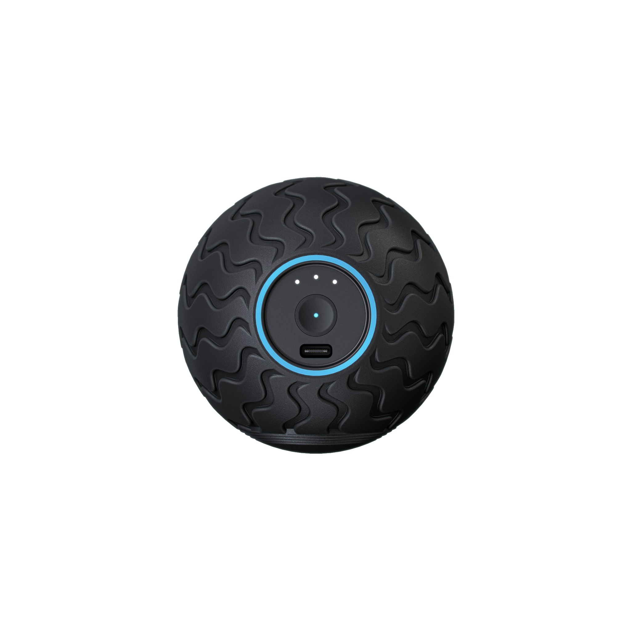 Schwarzer Massageball mit wellenartigen Mustern und einem blauen Ring mit Ladeanschluss.