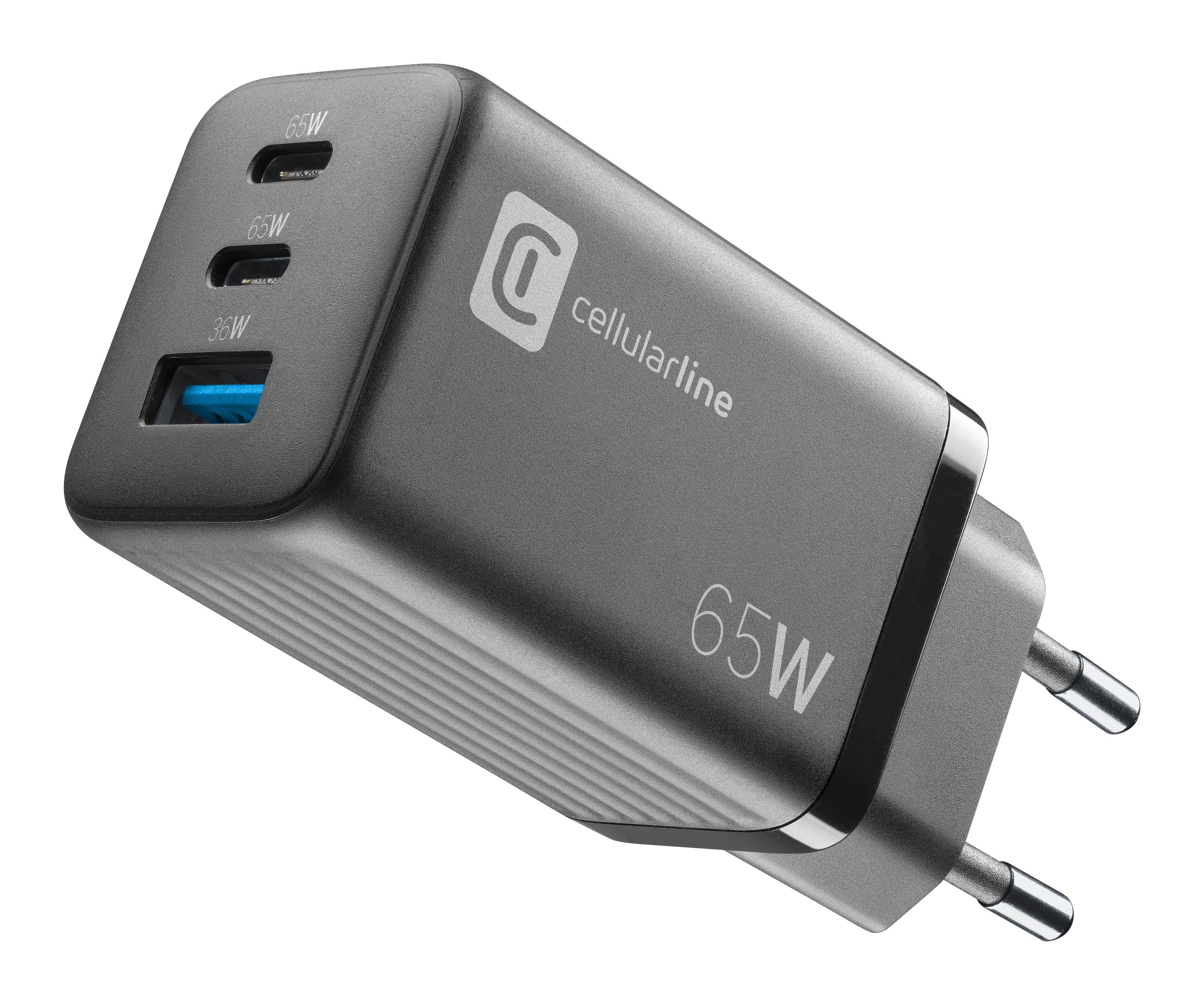 Graues Multi-Port-Ladegerät mit drei USB-Anschlüssen, Marke cellularline, 65W-Kennzeichnung.
