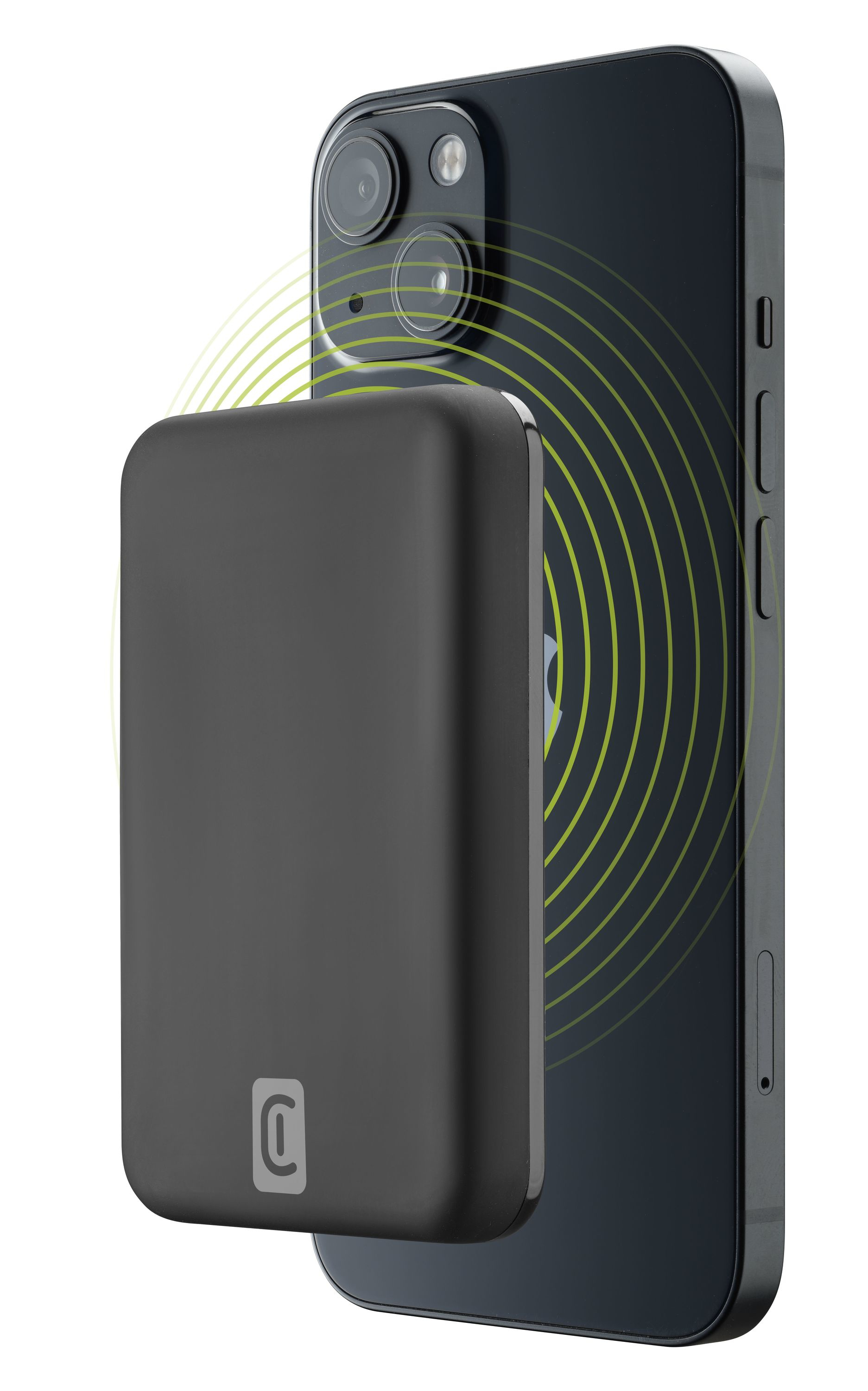 Schwarzes tragbares Ladegerät an einem schwarzen Telefon. Grüne drahtlose Ladewelle vom Telefon ausgehend.