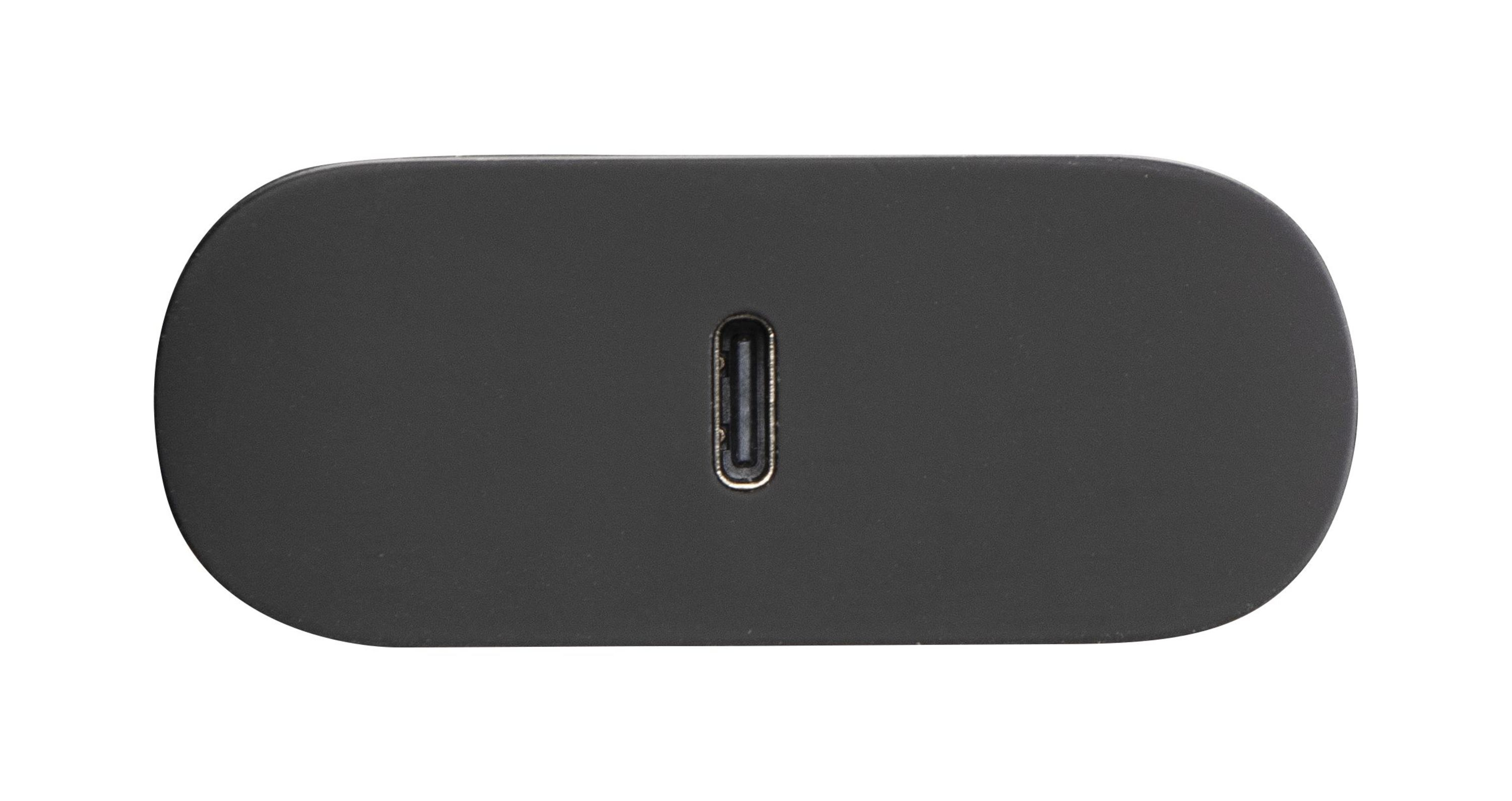 Schwarzes, ovales Gerät mit einem USB-C-Anschluss in der Mitte.