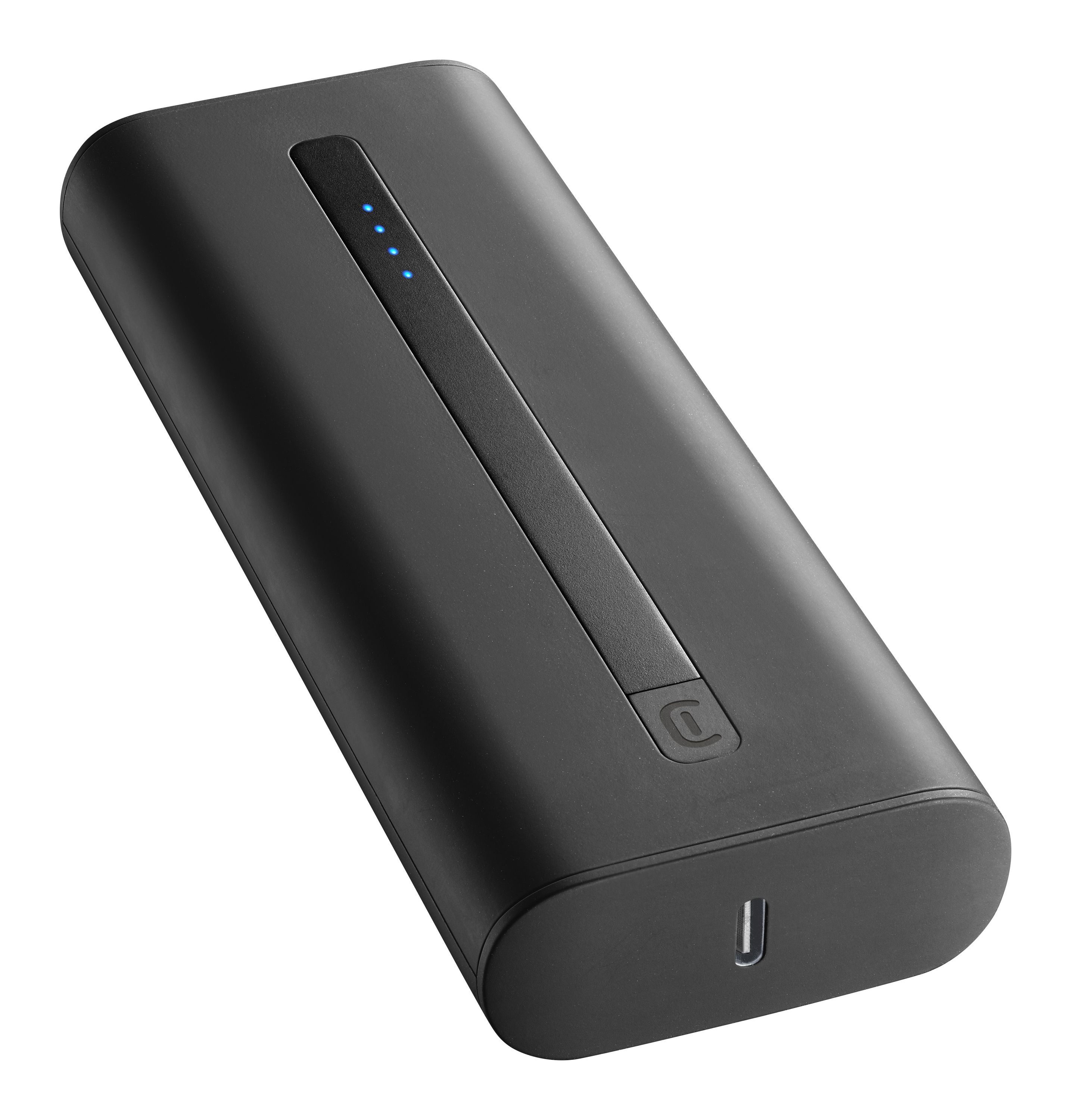 Schwarze Powerbank mit blauen Kontrollleuchten und einem USB-C-Anschluss. Es hat ein glattes, schlankes Design.