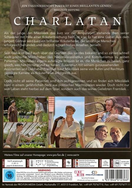 DVD-Cover des Films 'Charlatan' mit einem Mann im Auto und dem Titel.