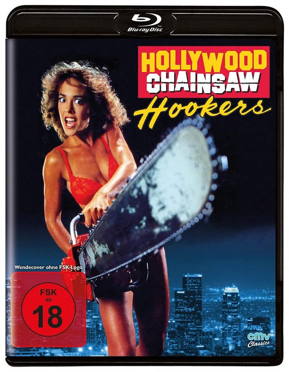 Filmposter. Frau mit Kettensäge in rotem BH. Stadt im Hintergrund. Schwarz und Weiß.