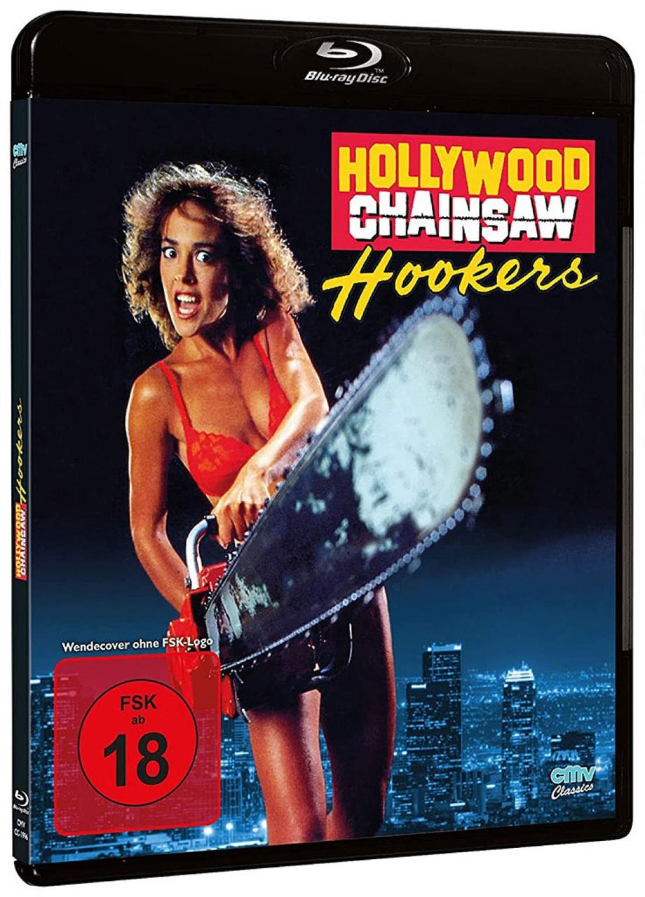 Blu-ray-Disc-Cover für 'Hollywood Chainsaw Hookers' mit einer Frau, die eine Kettensäge hält.