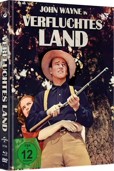 DVD-Cover: John Wayne in Verfluchtes Land. Ein Mann hält Gewehr, eine Frau schaut.