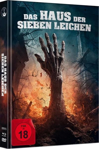 DVD-Cover: Zombihand, die aus dem Feuer greift, Filmtitel 'Das Haus der Sieben Leichen'.