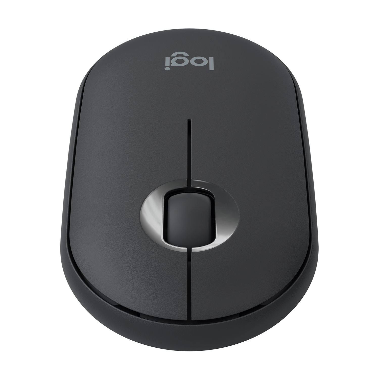Vista dall'alto di un mouse Logitech grigio scuro con una rotella di scorrimento e il logo Logitech.