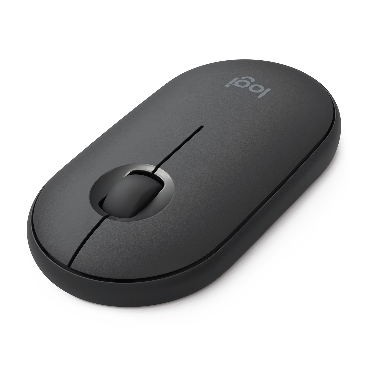 Mouse Logitech nero con rotella di scorrimento e logo. Ha forma ovale.