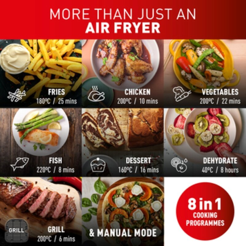 Frytkownica powietrzna pokazująca różne gotowane potrawy, takie jak frytki, kurczak i warzywa.