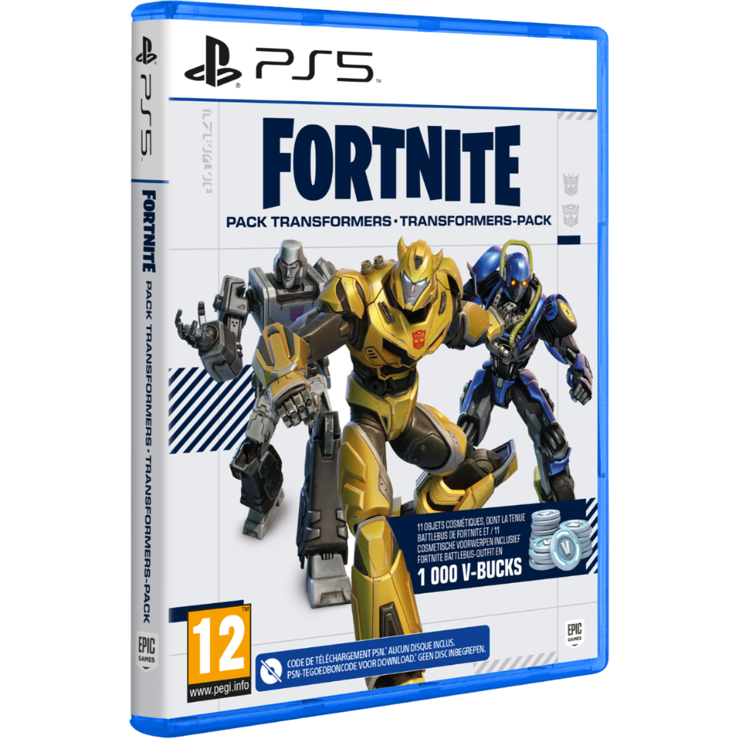 PS5 game case. Fortnite Transformers pack met karakters op de voorkant, blauwe case.