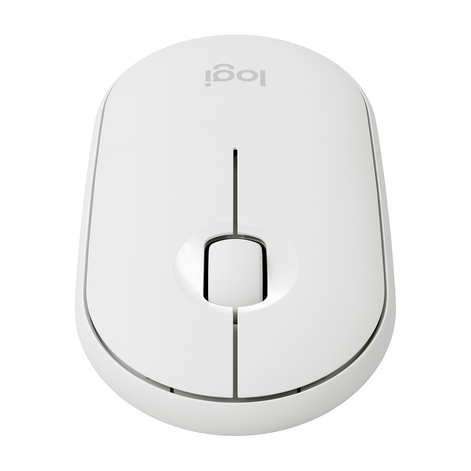 Mouse Logitech bianco con una rotella di scorrimento e due pulsanti, visto dall'alto.