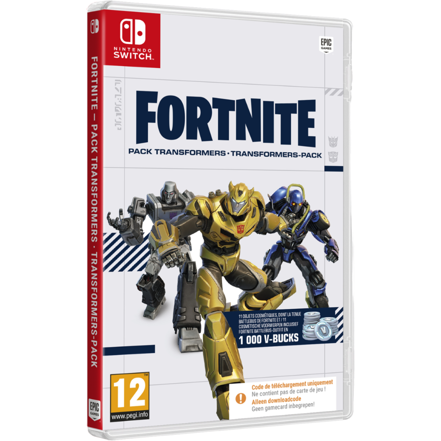 Fortnite game case met Transformers. Drie robots staan ​​op de voorkant. Nintendo Switch logo staat bovenaan.