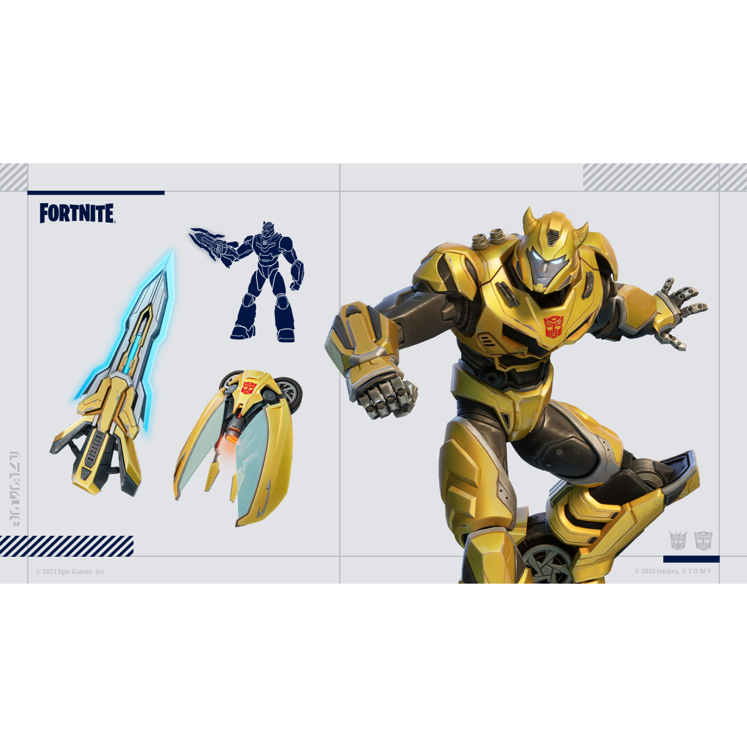 Fortnite en Transformers afbeelding. Gele Bumblebee robot in het midden. Wapens en contouren.