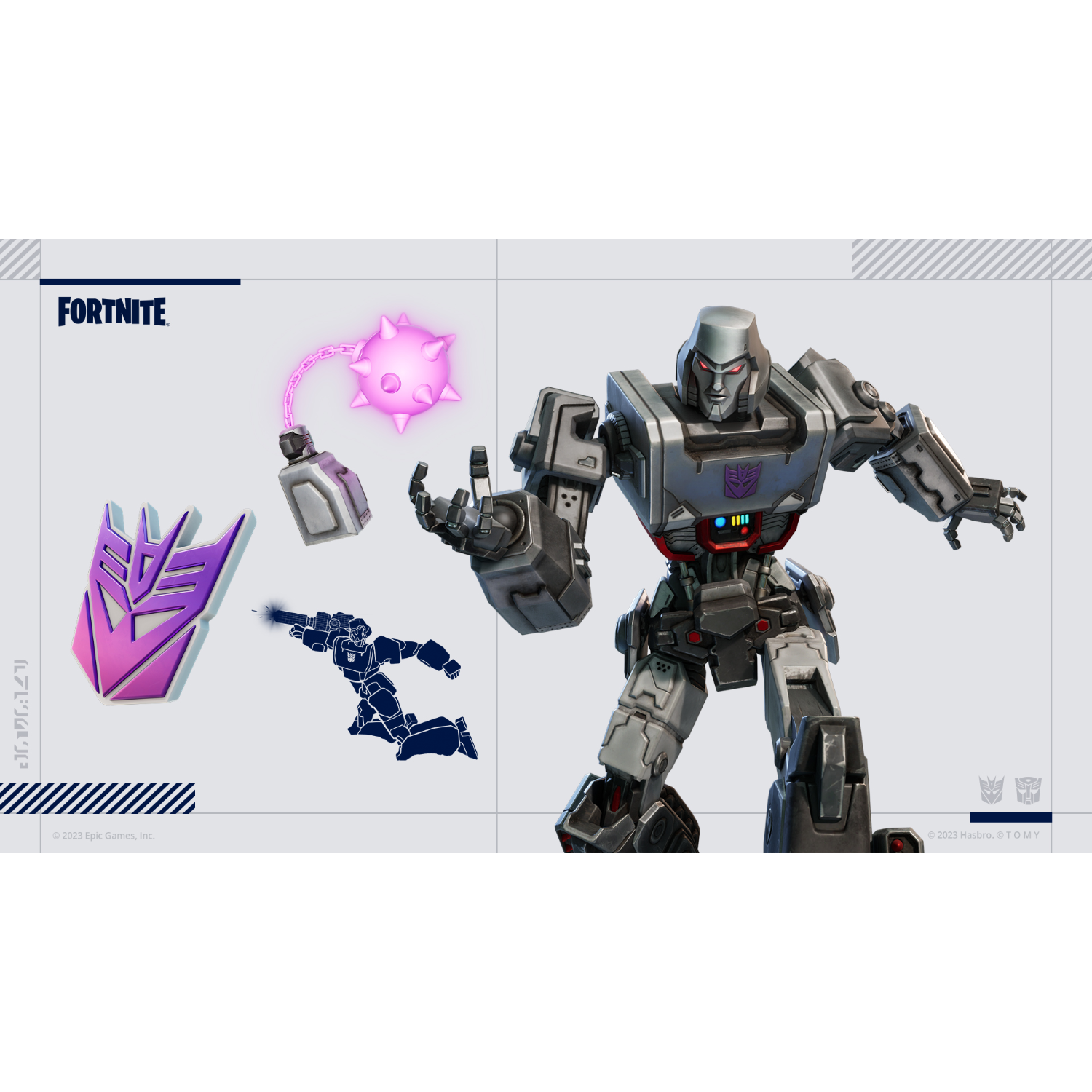 Fortnite promotieafbeelding. Megatron robotfiguur, accessoires en het logo van de game op een witte achtergrond.